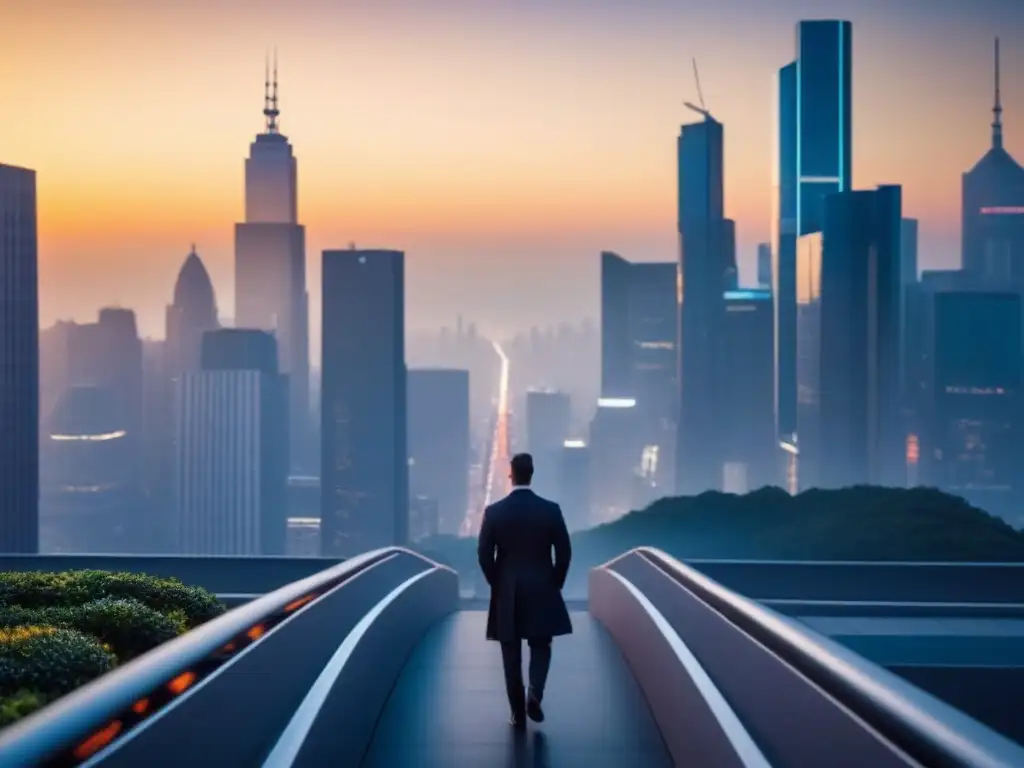 Horizonte urbano al atardecer: modernidad y éxito en la ciudad Un vibrante atardecer en la ciudad, reflejando rascacielos modernos mientras la gente se dirige a edificios futuristas