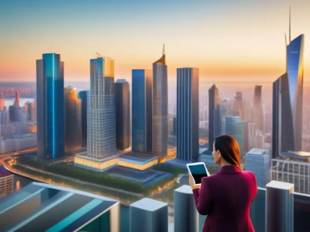Horizonte urbano al atardecer: vida digital en la era inmobiliaria Un vibrante atardecer en la ciudad con rascacielos iluminados y personas usando dispositivos móviles