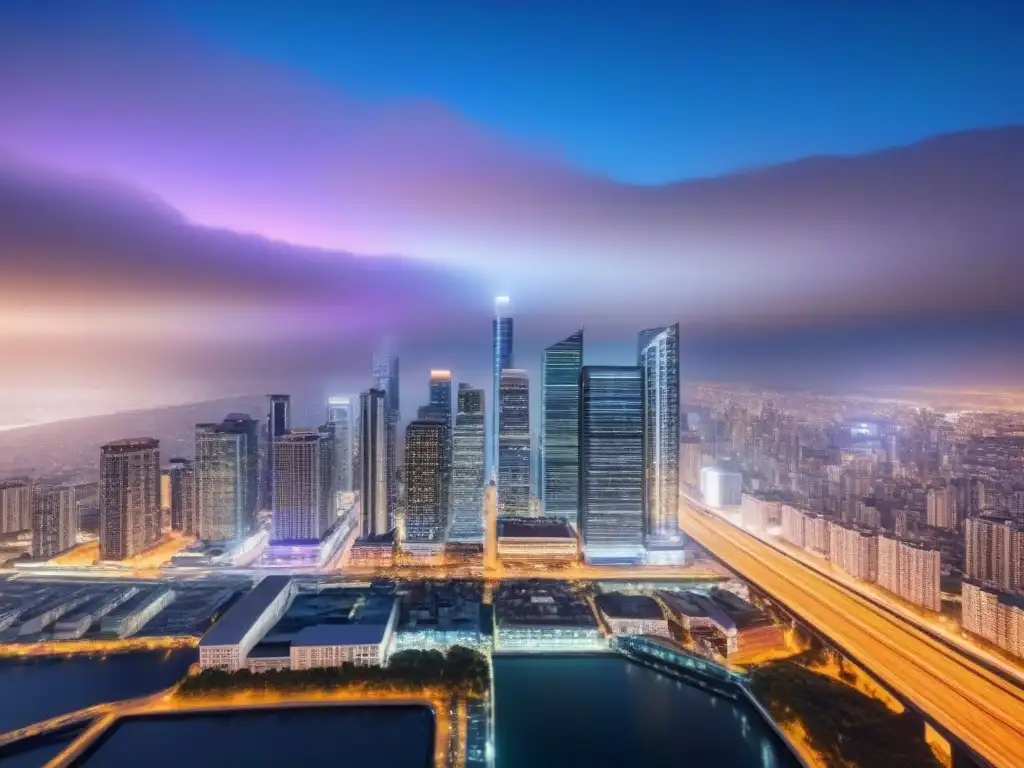 Inversión inmobiliaria: reunión de profesionales en ciudad nocturna Un vibrante atardecer en la ciudad con rascacielos modernos iluminados, profesionales discutiendo datos inmobiliarios