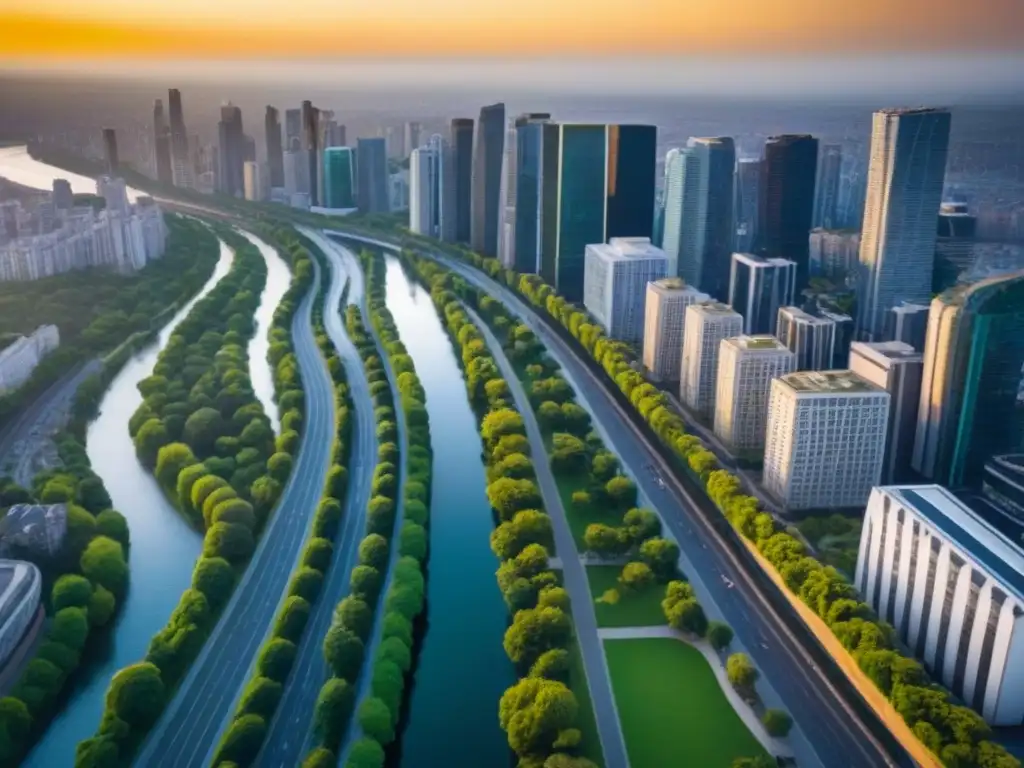 Espléndido atardecer en la bulliciosa ciudad moderna Un vibrante atardecer en la ciudad: rascacielos modernos, parques verdes y un río serpenteante