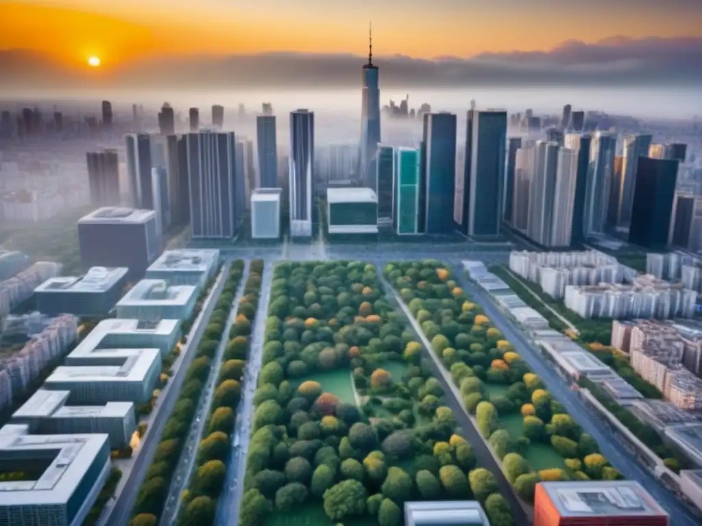 Cityscape moderna al atardecer: real estate en evolución Un vibrante atardecer en la ciudad con rascacielos modernos y gente diversa, simbolizando oportunidades mercado inmobiliario emergentes