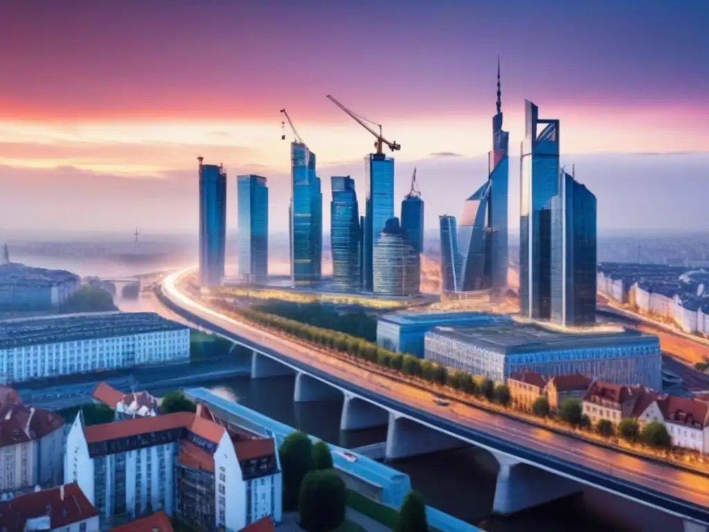 Horizonte moderno y vibrante de una ciudad del Este de Europa al atardecer Un vibrante atardecer en una ciudad del este de Europa, con rascacielos y arquitectura histórica, reflejando el dinamismo del mercado inmobiliario