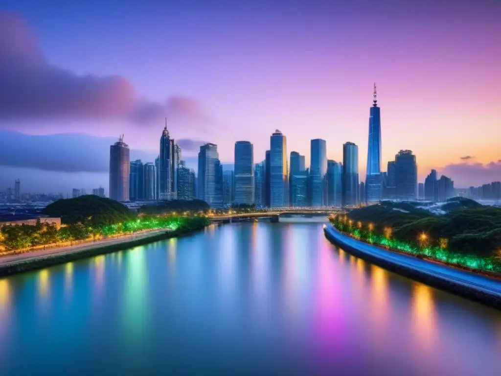 Metrópolis luminosa: oportunidades de inversión inmobiliaria internacional Vibrante atardecer en la ciudad, con rascacielos iluminados reflejados en el río
