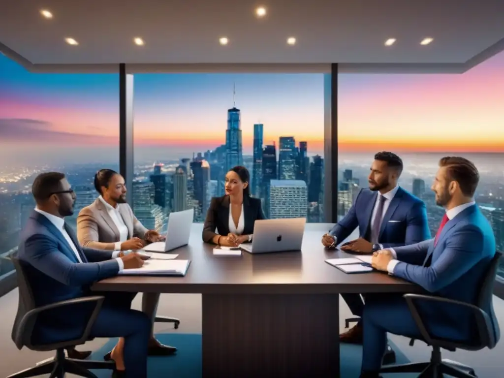 Negociación empresarial en la ciudad al atardecer Un vibrante atardecer en la ciudad con rascacielos modernos iluminados