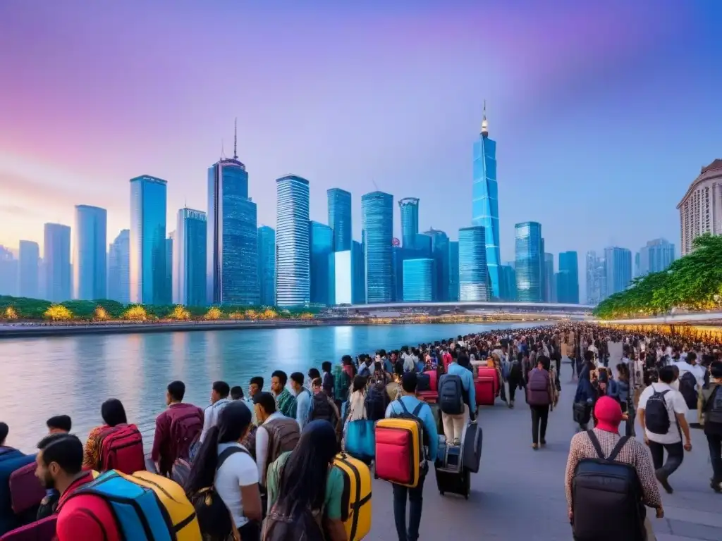 Horizonte urbano vibrante al atardecer: turismo internacional y oportunidades inmobiliarias Un vibrante atardecer en la ciudad con rascacielos iluminados y una bulliciosa calle llena de turistas y maletas