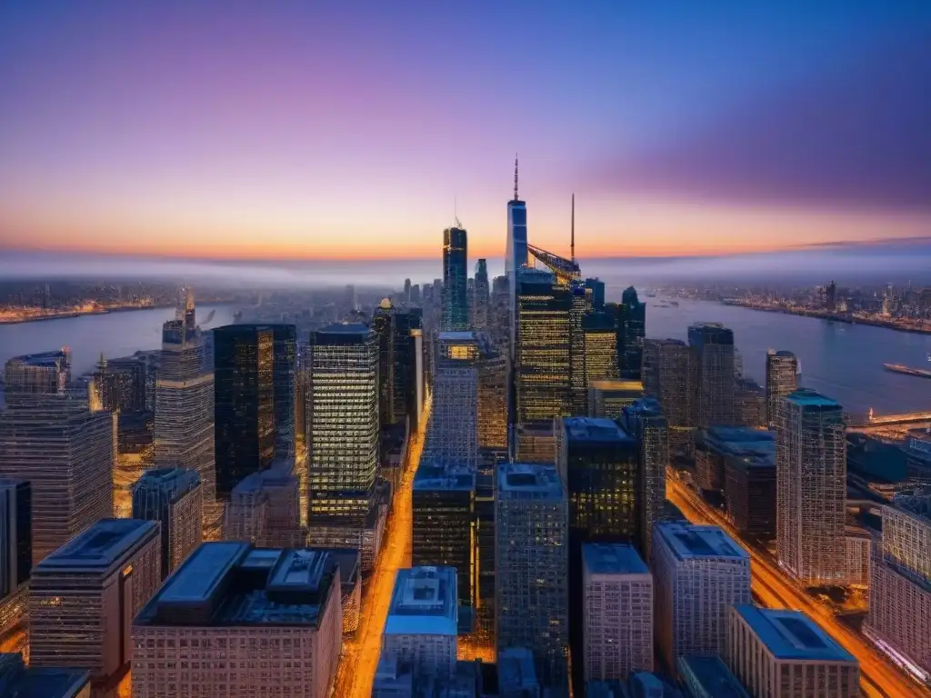 Vibrante ciudad al anochecer: skyline moderno y conversaciones profesionales Un vibrante atardecer en la ciudad, mezclando rascacielos modernos y edificios históricos iluminados por farolas, destacando la inversión inmobiliaria