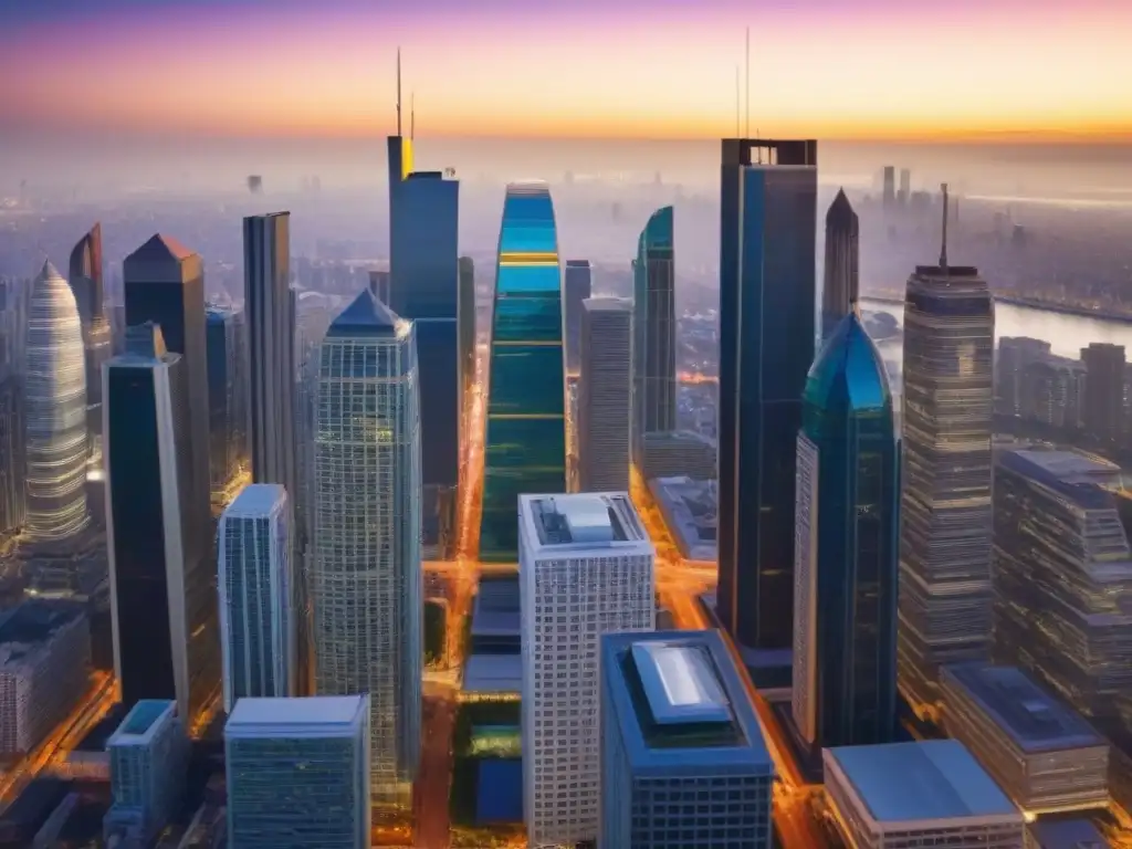 Horizonte urbano al atardecer: modernidad y diversidad en la ciudad Un vibrante atardecer en la ciudad, con rascacielos modernos iluminados por el sol