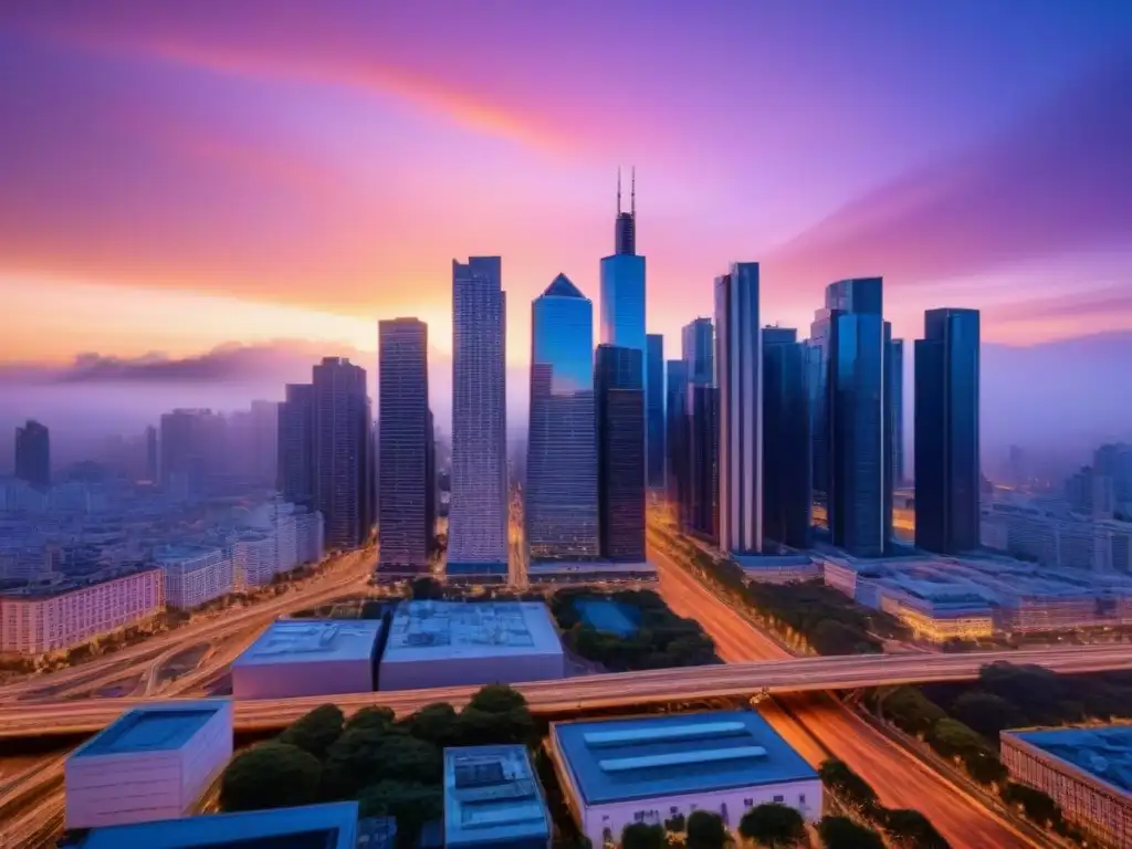 Horizonte urbano al atardecer: modernidad y vitalidad en 8k Un vibrante atardecer en la ciudad con rascacielos modernos y un cruce bullicioso