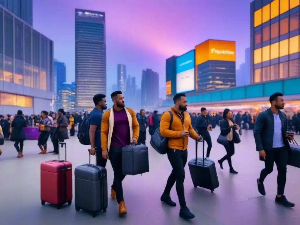 Metrópolis vibrante al atardecer: vida urbana y migración Un vibrante atardecer en la ciudad, con rascacielos iluminados y gente diversa en movimiento