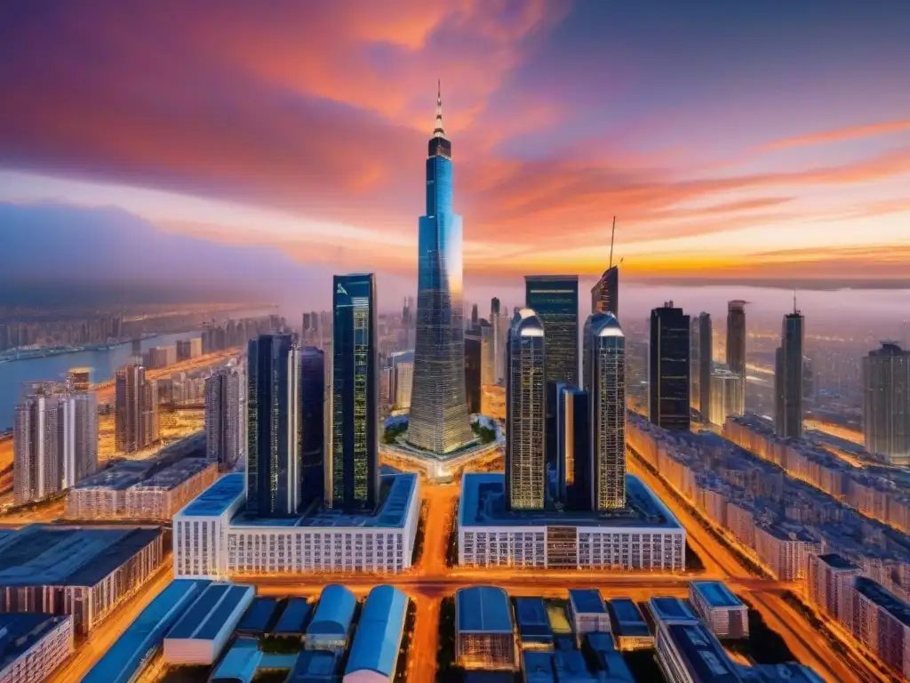 Espectacular ciudad al atardecer: análisis de mercado inmobiliario global Un vibrante atardecer en la ciudad con rascacielos modernos iluminados por el sol, reflejando 'Estrategias anticíclicas inversión inmobiliaria'