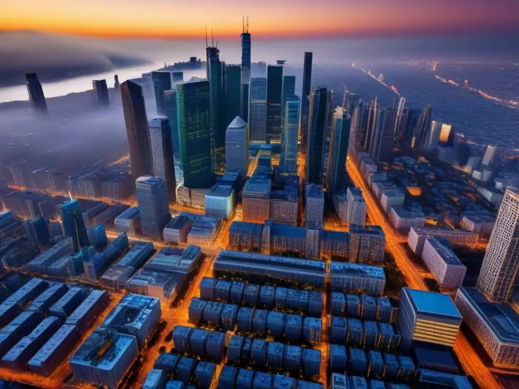 Metrópolis al atardecer: energía urbana y sofisticación financiera Un vibrante atardecer en la ciudad, con rascacielos imponentes y una mezcla de estilos arquitectónicos