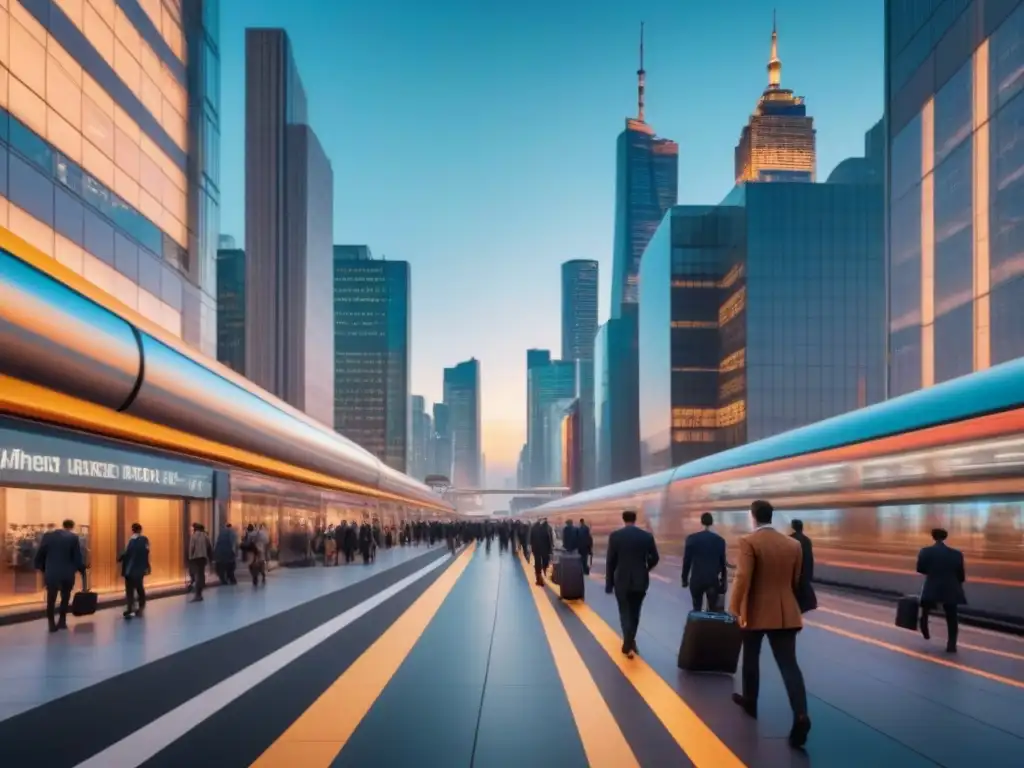 Metrópolis vibrante al anochecer: progreso y conexión global Un vibrante atardecer en la ciudad, con rascacielos modernos iluminados y personas de diversos orígenes caminando por las calles