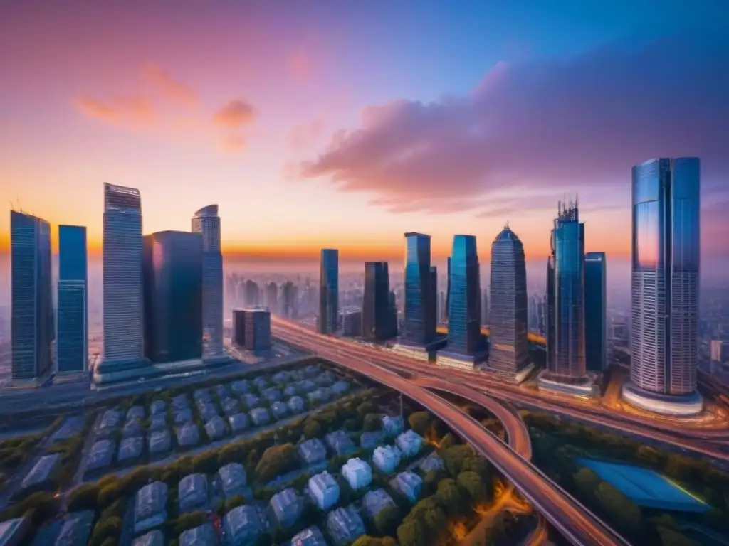 Horizonte urbano al atardecer: futuro próspero en 8k Un vibrante atardecer en la ciudad, reflejado en modernos rascacielos, simbolizando el futuro próspero del mercado inmobiliario
