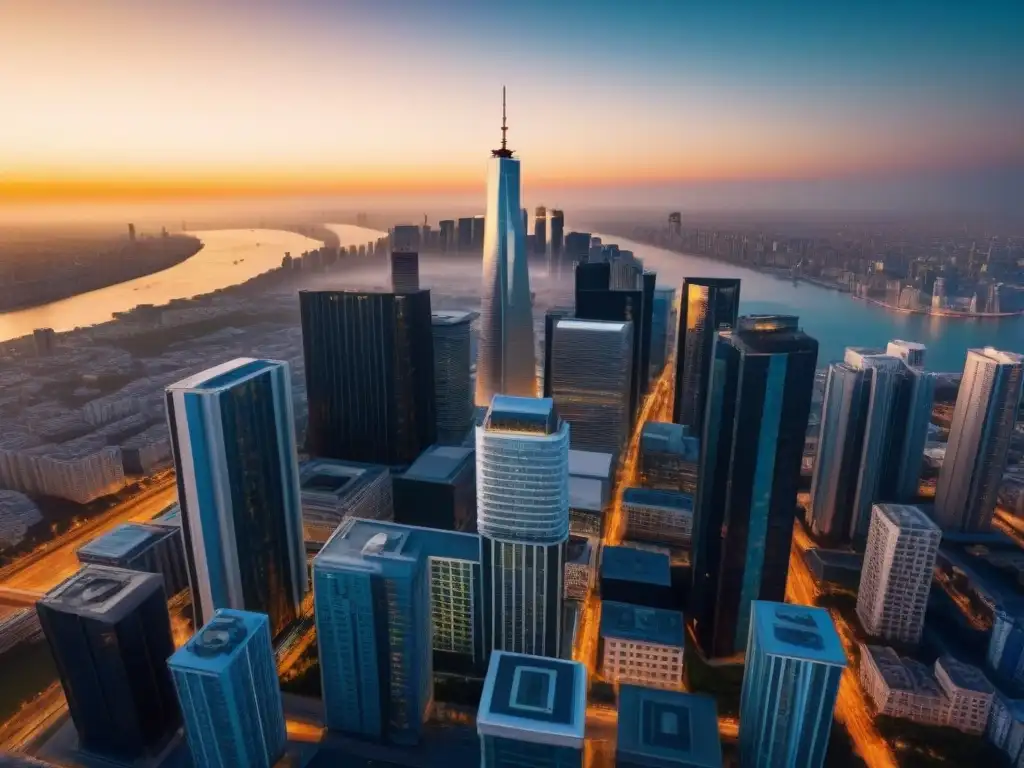 Horizonte urbano al atardecer: mercado inmobiliario dinámico Un vibrante atardecer en la ciudad, reflejo del mercado inmobiliario y las fluctuaciones cambiarias