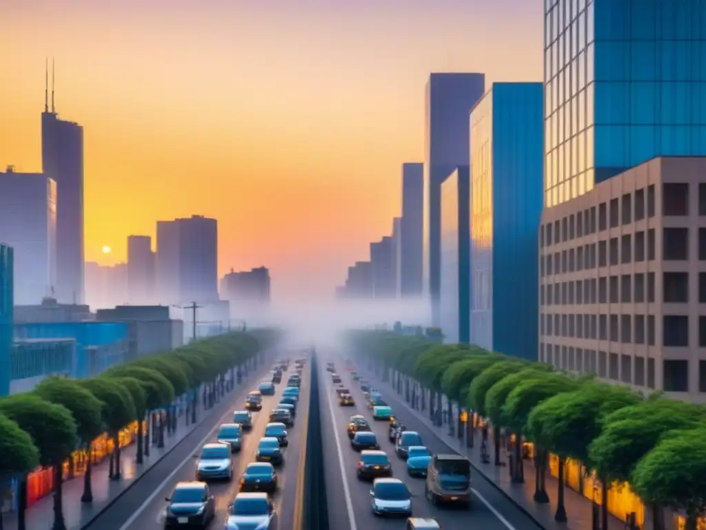 Atardecer dorado en la ciudad: mercado inmobiliario local en auge Vibrante atardecer en la ciudad, reflejos dorados en rascacielos modernos