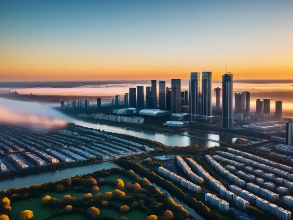 Espléndida metrópolis al atardecer: luces, sombras y vitalidad urbana Un vibrante atardecer en la ciudad, reflejos dorados en rascacielos