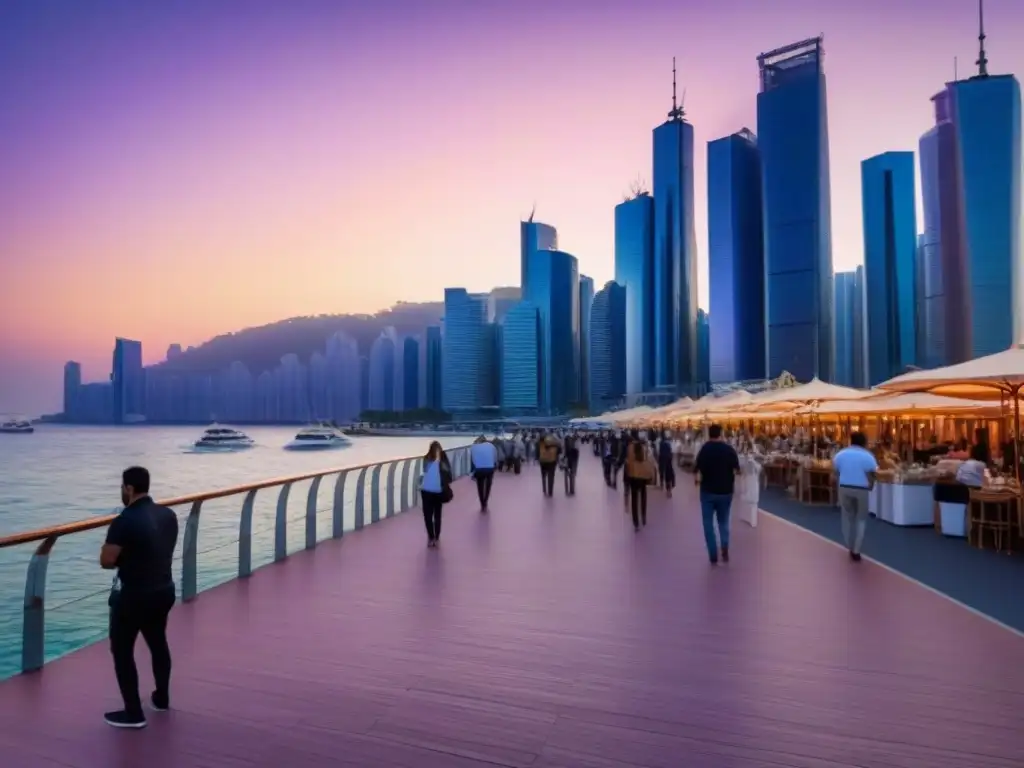 Paisaje urbano vibrante al atardecer: turismo y rascacielos Un vibrante atardecer en una ciudad turística con rascacielos modernos, monumentos históricos y yates de lujo en su puerto