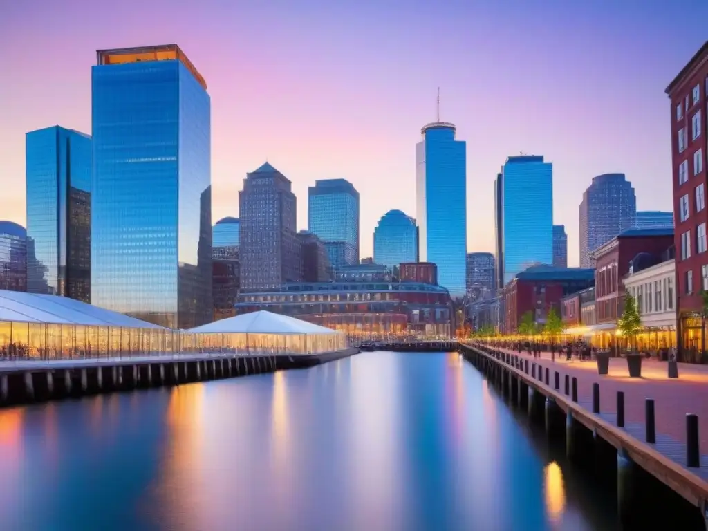 Innovación y modernidad: El distrito de Boston en atardecer vibrante Un vibrante atardecer en el Distrito de Innovación de Boston, reflejando el auge de las inversiones inmobiliarias en distritos innovadores