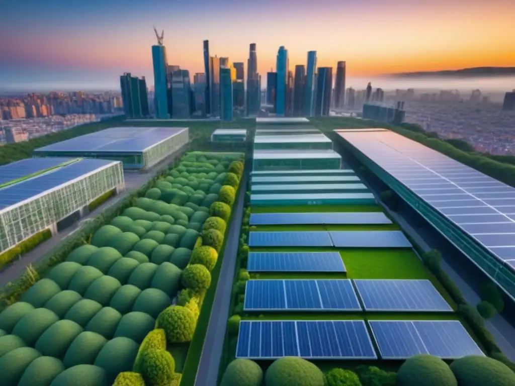 Horizonte ecofriendly: arquitectura sostenible en la ciudad Vibrante ciudad ecológica al atardecer con edificios verdes, paneles solares y jardines en azoteas
