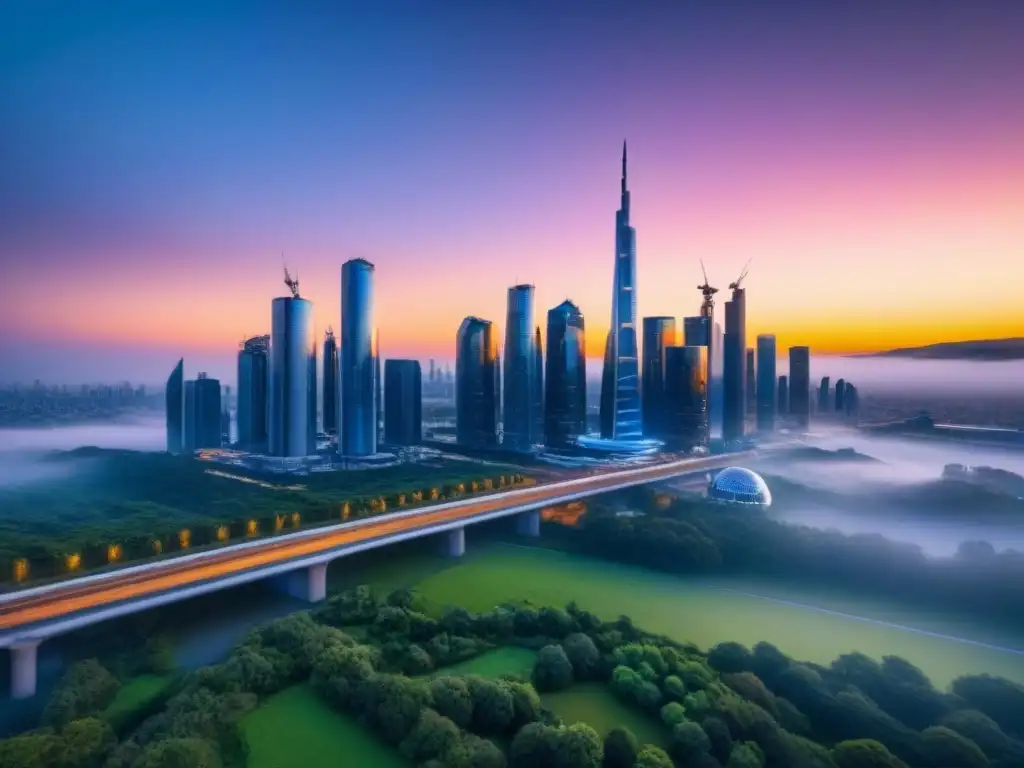 Horizonte futurista: ciudad inteligente al atardecer Un vibrante atardecer en la futurista ciudad inteligente, con rascacielos verdes y energía renovable