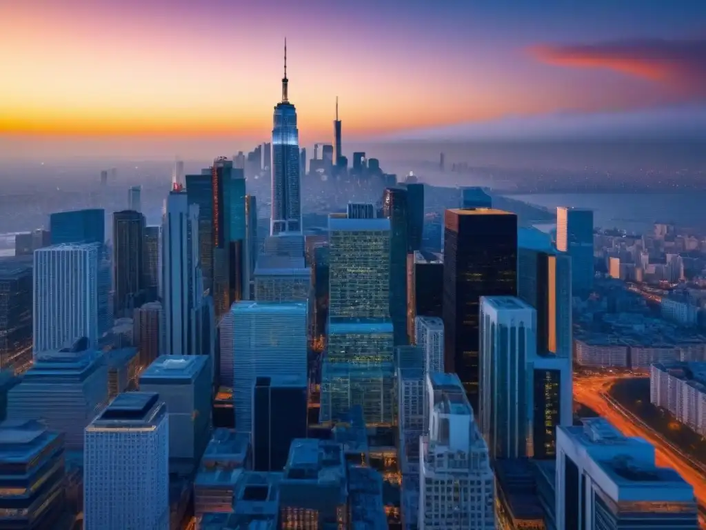 Skyline urbano emergente: diversidad y dinamismo al atardecer Vibrante atardecer en el mercado inmobiliario emergente, fusionando modernidad y tradición