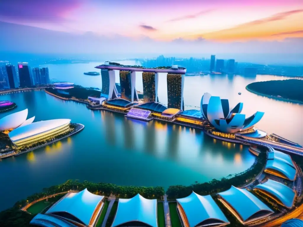 Espectacular Marina Bay Sands al atardecer en Singapur Vibrante atardecer en Singapur con Marina Bay Sands y el mercado inmobiliario internacional Asia