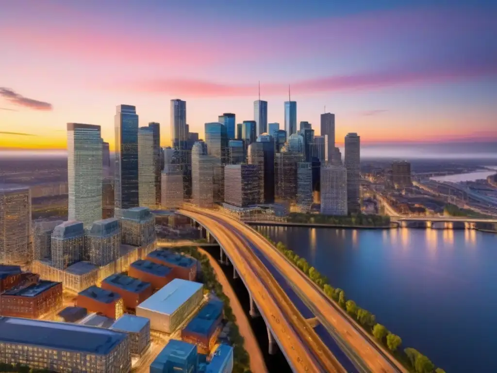 Horizonte urbano en América del Norte al atardecer Un vibrante atardecer sobre una metrópolis en Norteamérica, reflejando el mercado inmobiliario internacional migración interna
