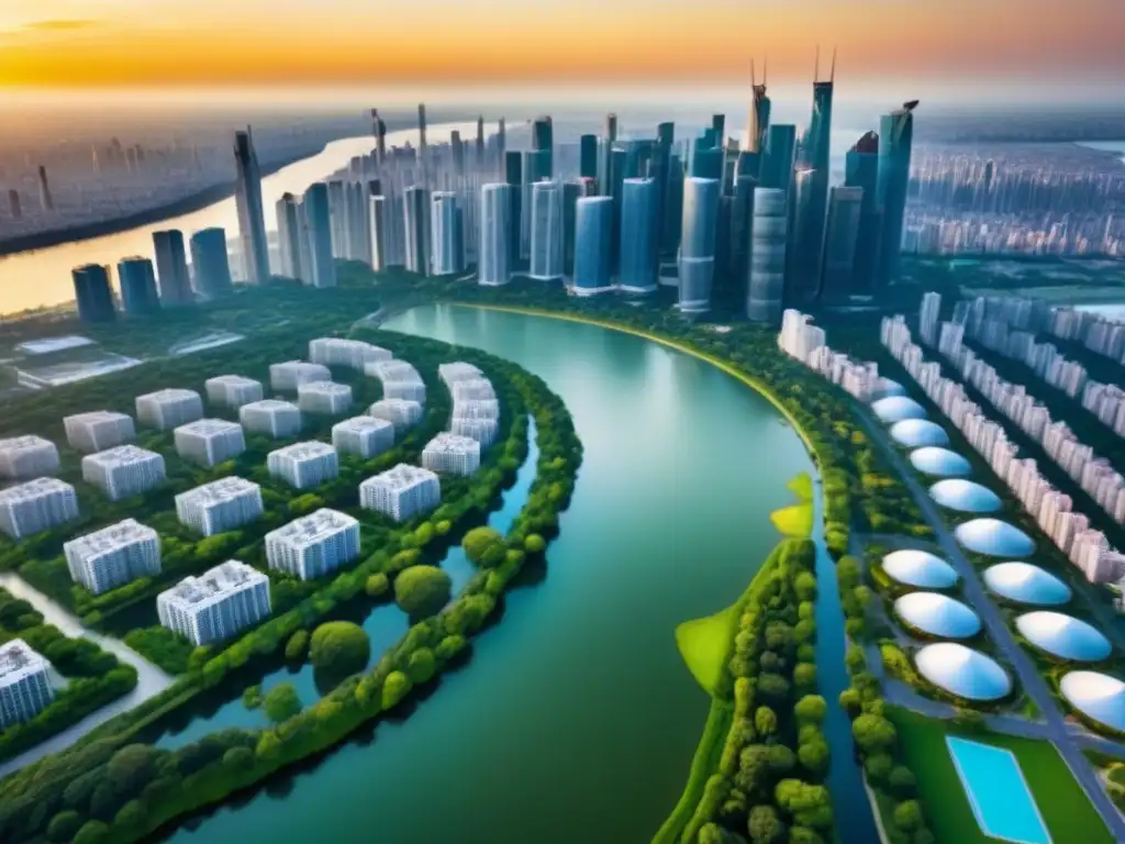 Metrópolis moderna: atardecer entre rascacielos y naturaleza Un vibrante atardecer en una metrópolis con rascacielos y parques verdes