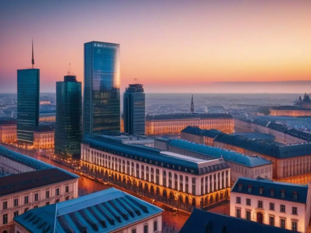 Paisaje urbano vibrante en Europa del Este: pasado y futuro bajo el sol Un vibrante atardecer ilumina una mezcla de arquitectura histórica y moderna en Europa del Este, reflejando la evolución de la inversión inmobiliaria