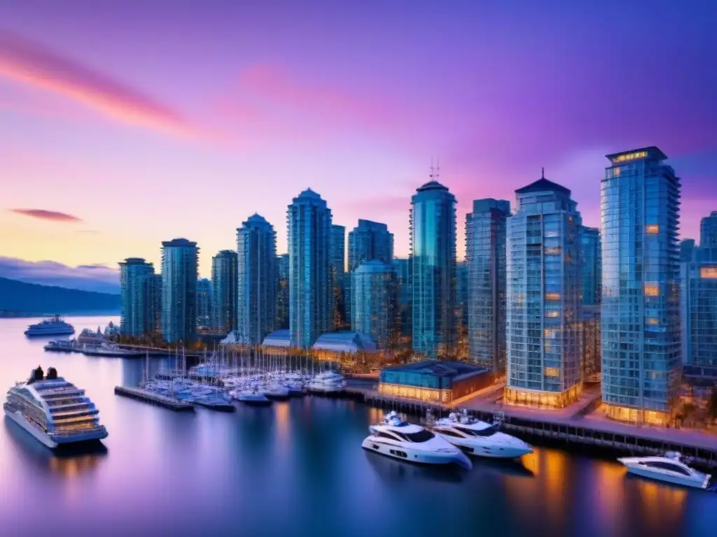 Horizonte de Vancouver al atardecer: arquitectura moderna y vibrante Un vibrante atardecer en Vancouver, reflejando su moderna arquitectura y el mercado inmobiliario internacional Canadá