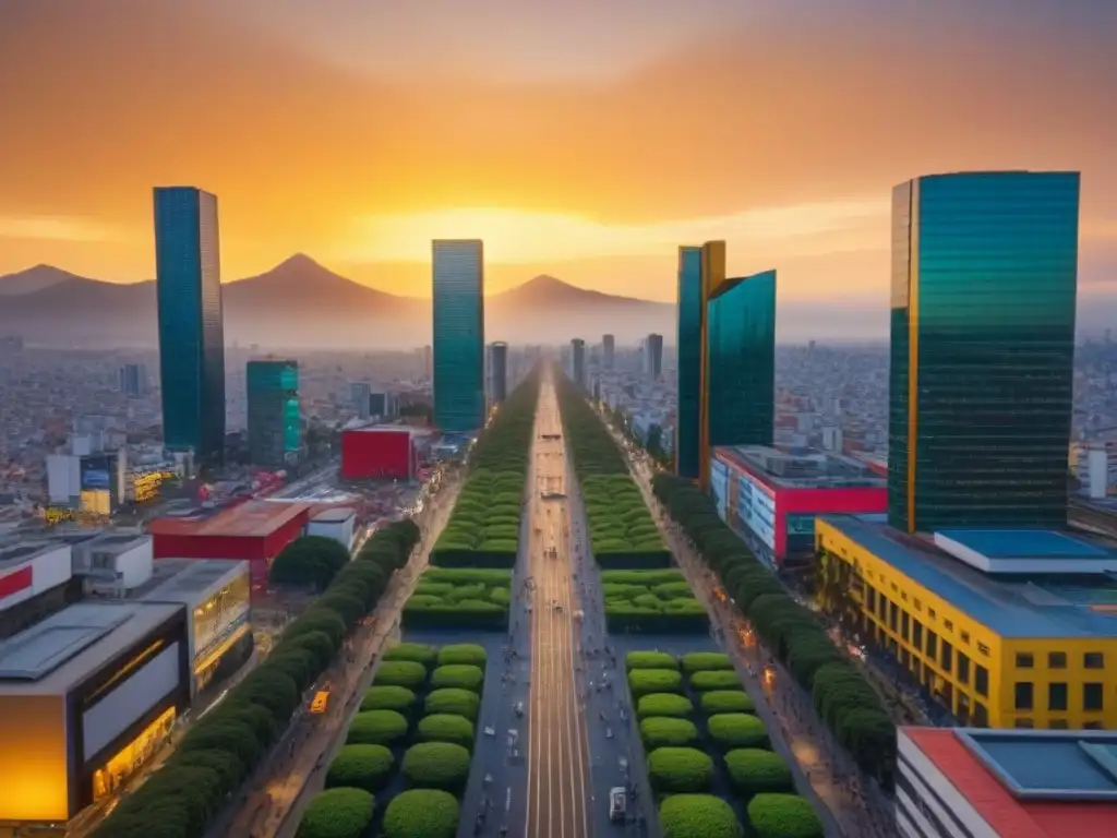Esplendor urbano: atardecer dorado en la Ciudad de México Vibrante atardecer en la moderna Ciudad de México con rascacielos y diversidad cultural