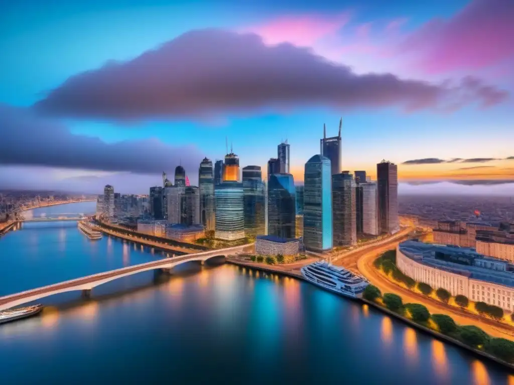 Horizonte urbano al atardecer: modernidad y historia en la ciudad Cityscape vibrante al atardecer con modernos rascacielos y arquitectura histórica, reflejos en el río, estrategias postfusión bienes raíces