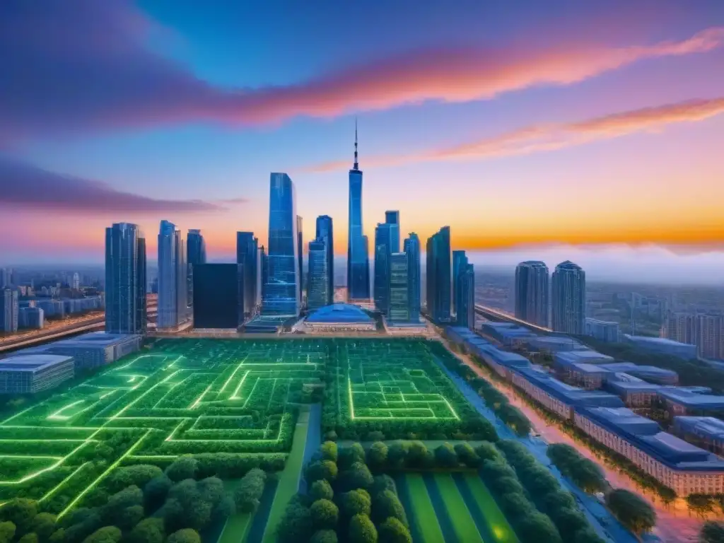 Cityscape 8k: Futurismo en mercado inmobiliario emergente Un vibrante atardecer ilumina un paisaje urbano futurista en un mercado inmobiliario emergente, donde profesionales negocian con personalización