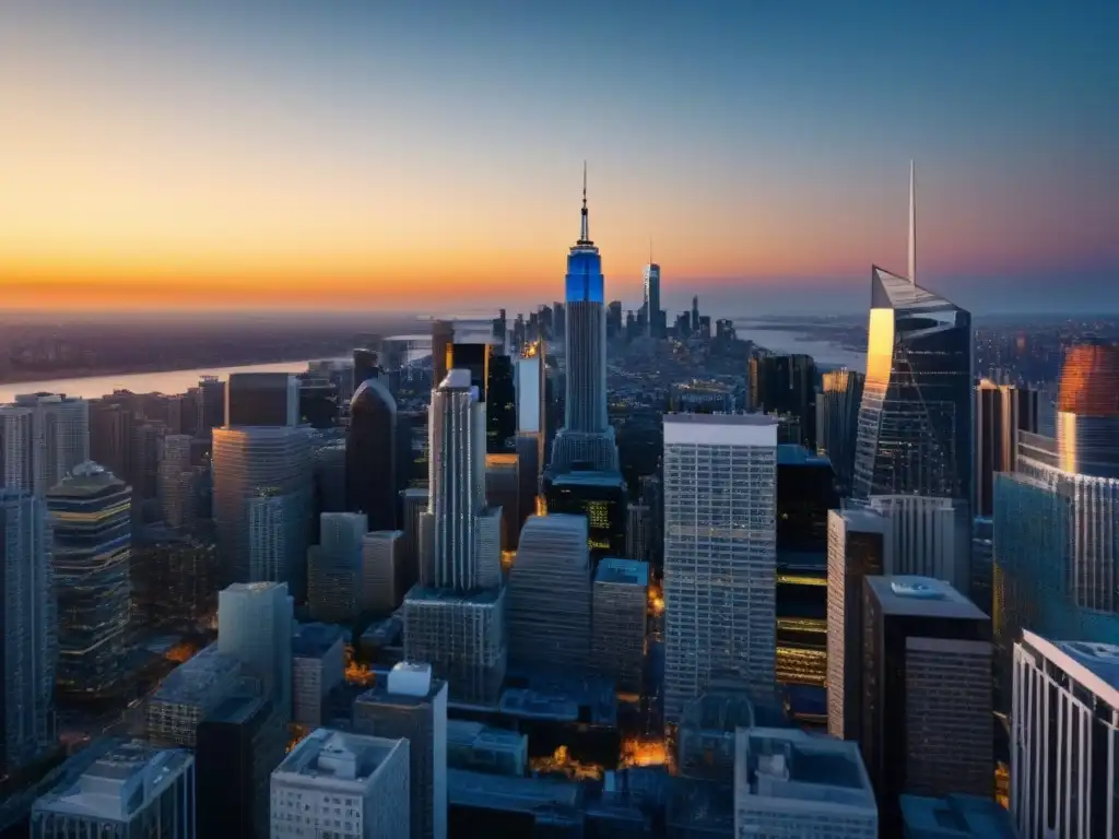 Horizonte urbano: atardecer dorado en la ciudad moderna Un vibrante atardecer ilumina rascacielos en una ciudad moderna, reflejándose en el río
