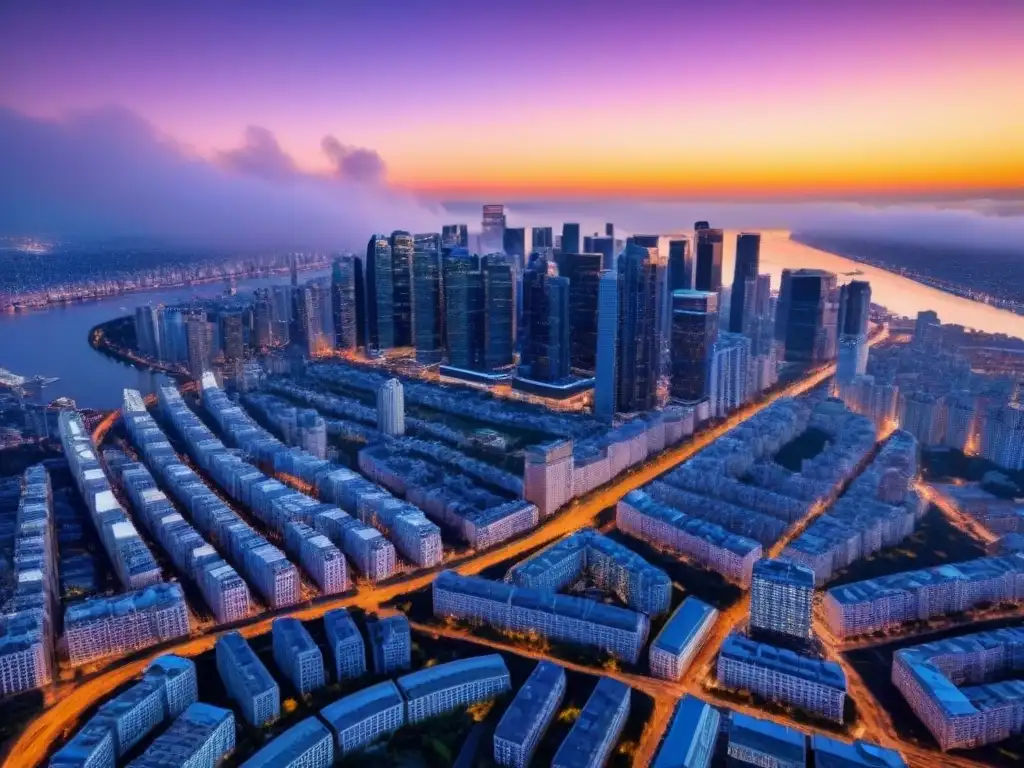 Metrópolis vibrante al anochecer: modernidad y prosperidad Vibrante metrópolis al atardecer, con rascacielos iluminados y un río serpenteando