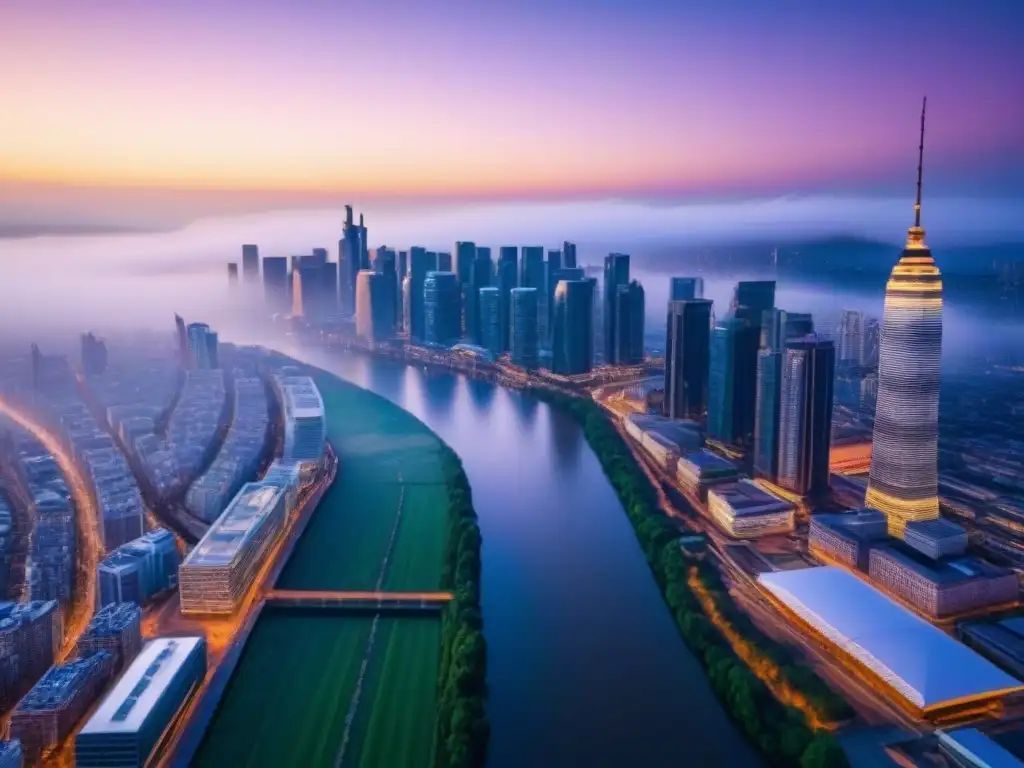 Metrópolis vibrante: rascacielos iluminados en 8k Vibrante metrópolis al atardecer con rascacielos iluminados y un río brillante