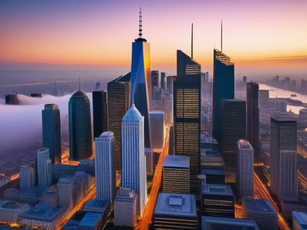 Metrópolis vibrante al atardecer: inversión inmobiliaria global Vibrante metrópolis al atardecer, con rascacielos iluminados por el sol