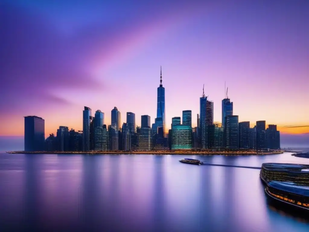 Horizonte urbano al atardecer: metrópolis moderna en 8k Vibrante metrópolis al atardecer con rascacielos iluminados y reflejos en el río