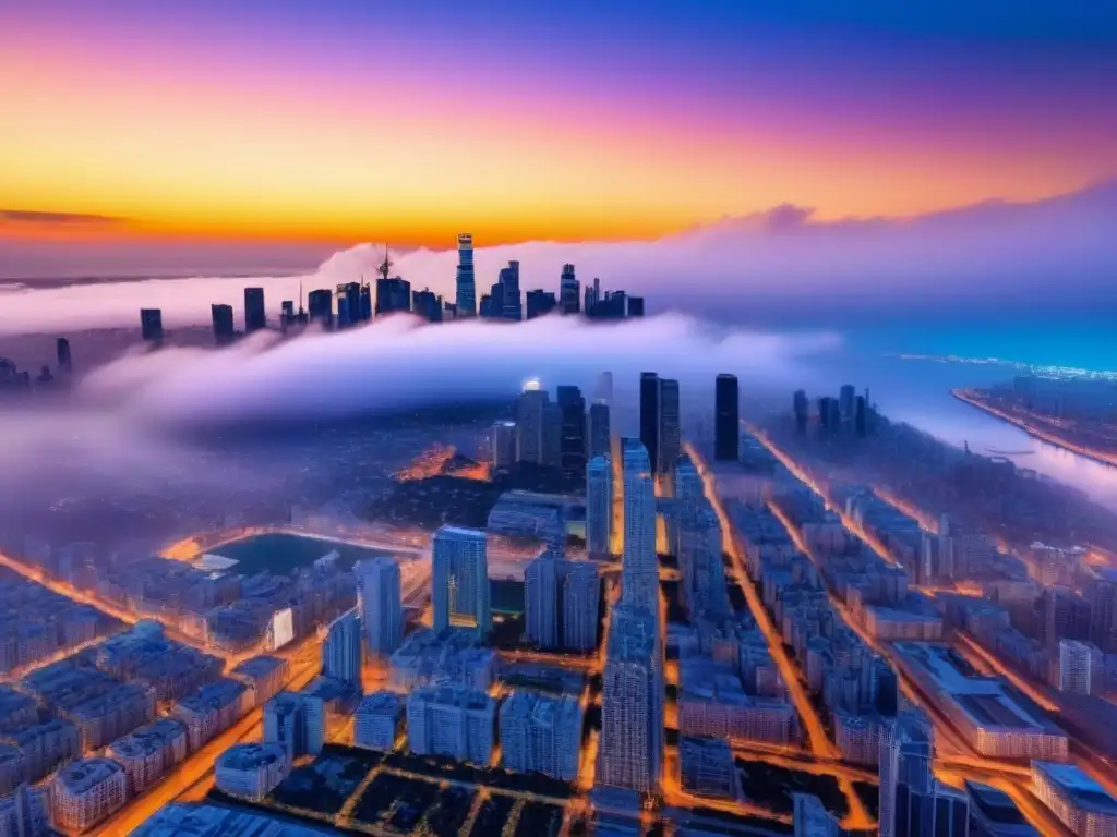 Vibrante atardecer en metrópolis de rascacielos modernos Vibrante metrópolis al atardecer con rascacielos reflejando la luz dorada, ideal para inversiones inmobiliarias internacionales