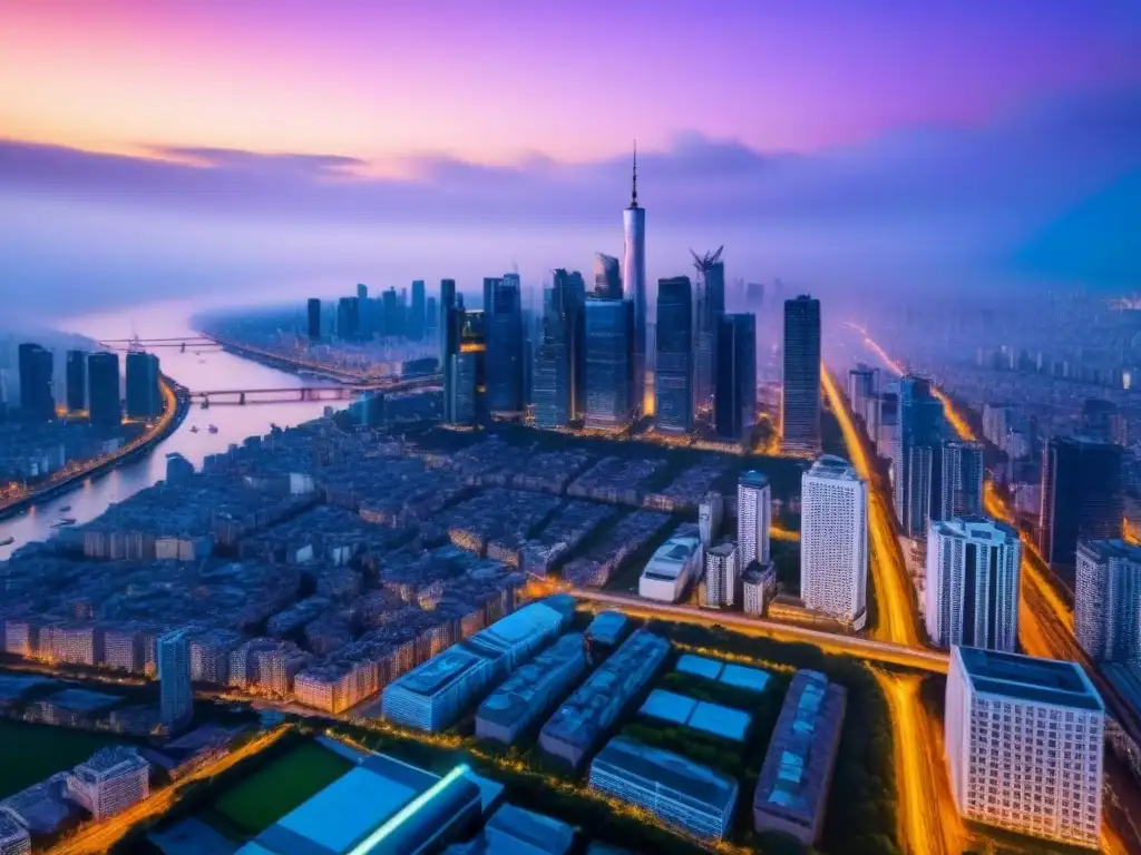 Metrópolis vibrante: luces y arquitectura al anochecer Vibrante metrópolis al atardecer con rascacielos modernos iluminados, reflejando luces de la ciudad en un río