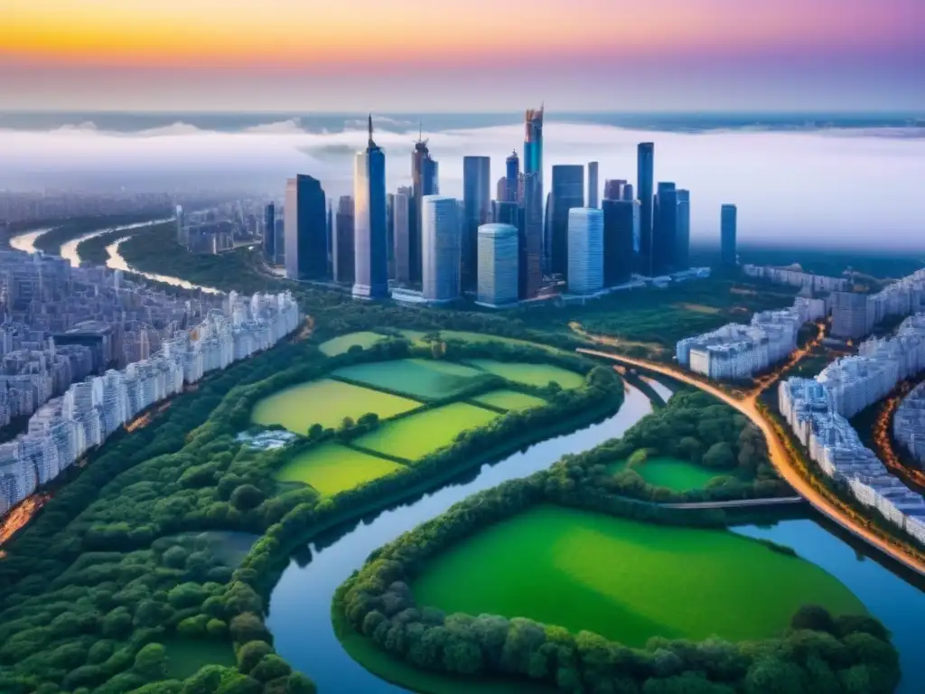 Horizonte urbano al atardecer: metrópolis reluciente y parques verdes Vibrante metrópolis al atardecer con rascacielos relucientes y parques verdes