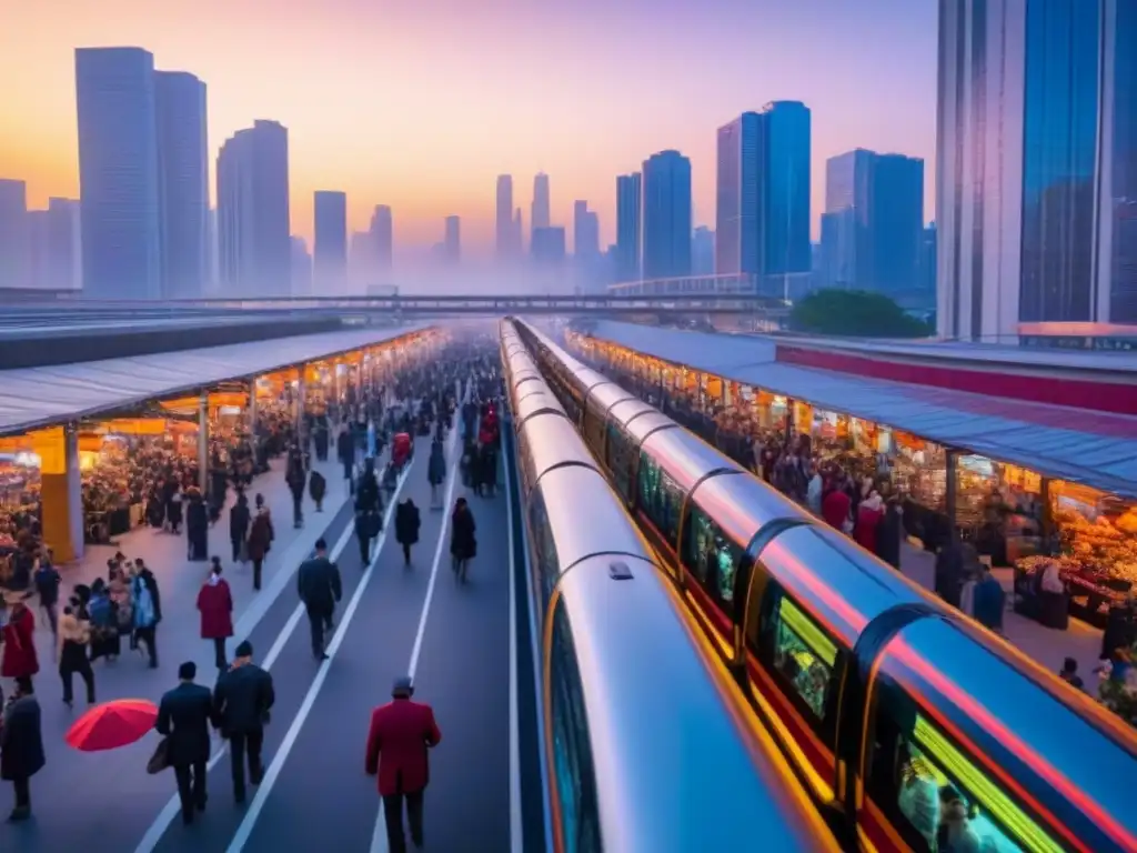 Espléndido atardecer en metrópolis multicultural Un vibrante atardecer reflejado en rascacielos de una ciudad bulliciosa, con gente diversa en un mercado colorido y modernos edificios