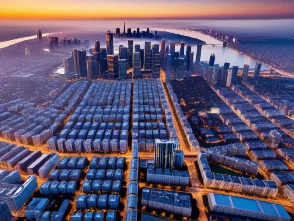 Metrópolis en crecimiento al atardecer: oportunidades de inversión Vibrante metrópolis al atardecer, reflejo de las mejores ciudades para migración e inversión inmobiliaria
