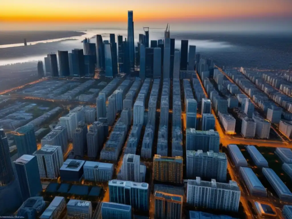 Metrópolis al atardecer: diversidad arquitectónica urbana Vibrante metrópolis al atardecer, reflejo de regulaciones alquiler mercado inmobiliario internacional