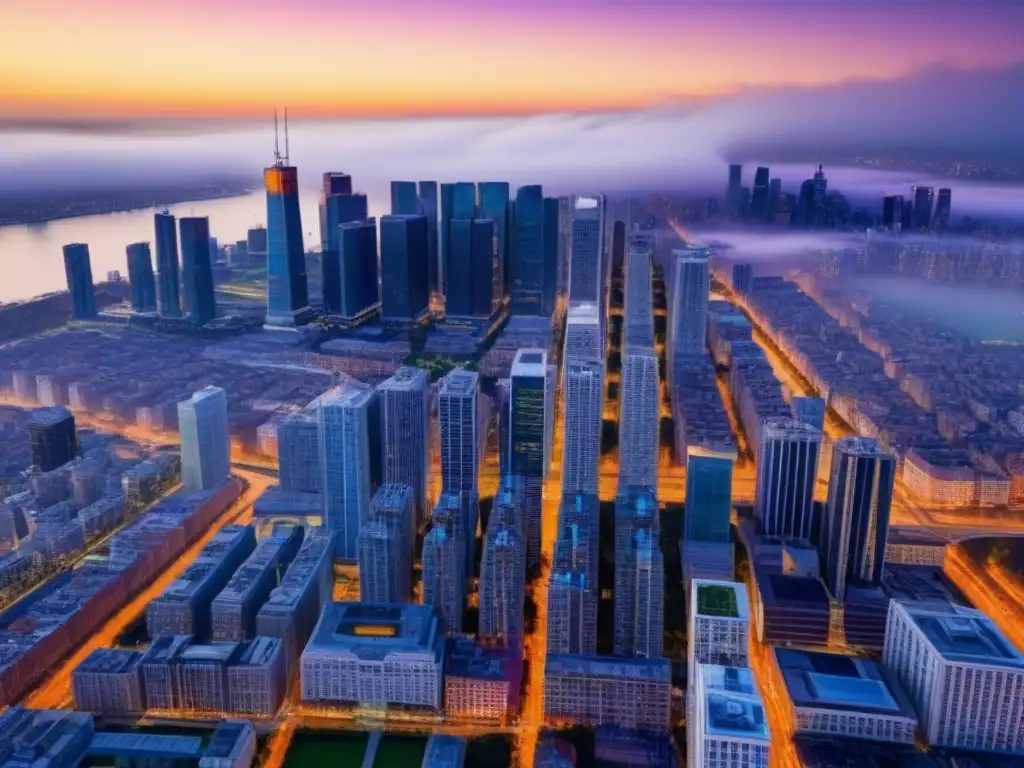 Metrópolis moderna al atardecer: energía urbana vibrante Vibrante metrópolis al atardecer, reflejos dorados en rascacielos