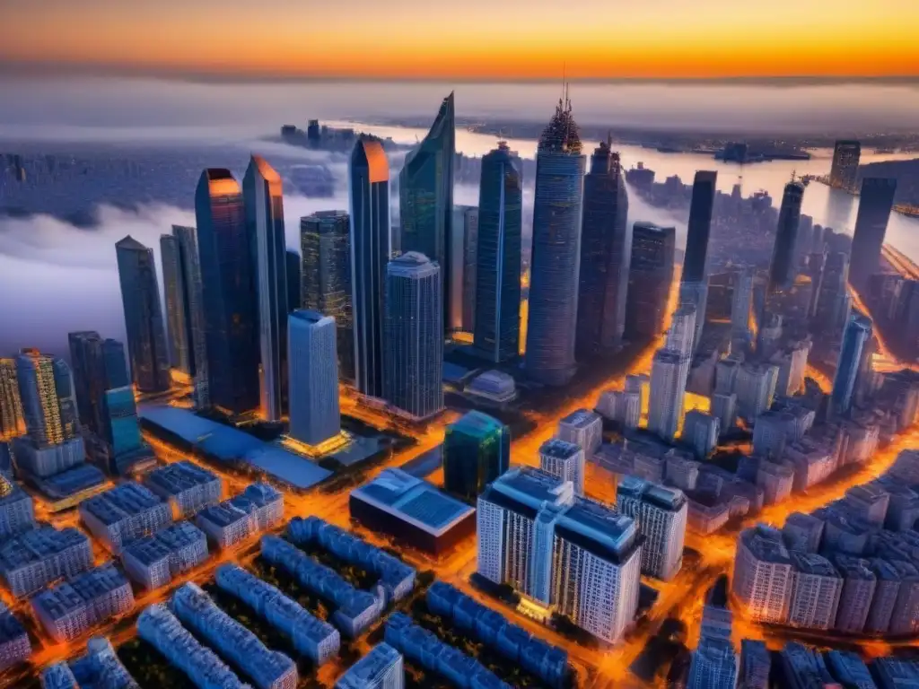 Metrópolis dorada: ciudad moderna con rascacielos al atardecer Vibrante metrópolis al atardecer, reflejos dorados en rascacielos