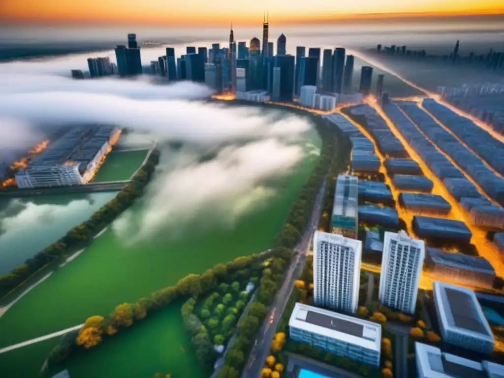 Metrópolis vibrante al atardecer: inversión inmobiliaria global Vibrante metrópolis al atardecer, con ríos relucientes y parques verdes