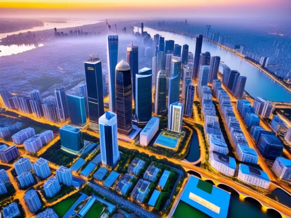Metrópolis dorada: ciudad moderna al atardecer Vibrante metrópolis al atardecer, reflejando riqueza e inversión inmobiliaria en el mercado internacional