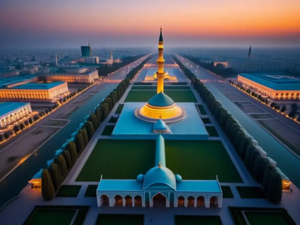 Panorámica de Tashkent al atardecer: modernidad y tradición Vibrante atardecer en Tashkent, capital de Uzbekistán, con mezcla de arquitecturas