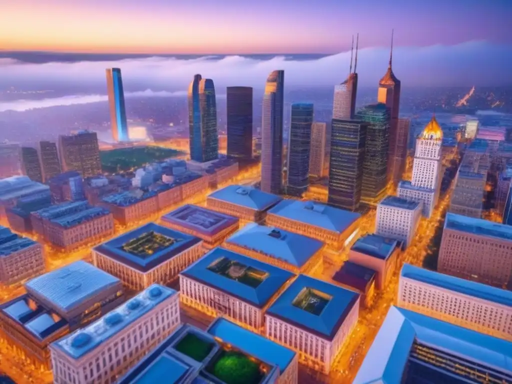 Espectacular vista aérea de ciudad urbana al atardecer Un vibrante atardecer urbano con arquitectura histórica y modernos rascacielos iluminados por luces, reflejando progreso e innovación